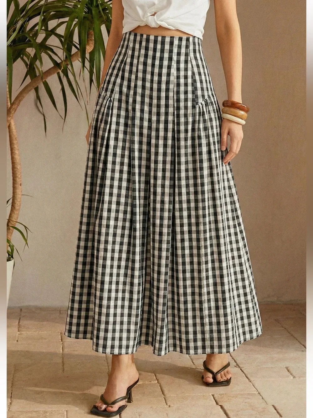 Commense Gingham High-Waisted Pleated Midi Skirt Size Large NWT
